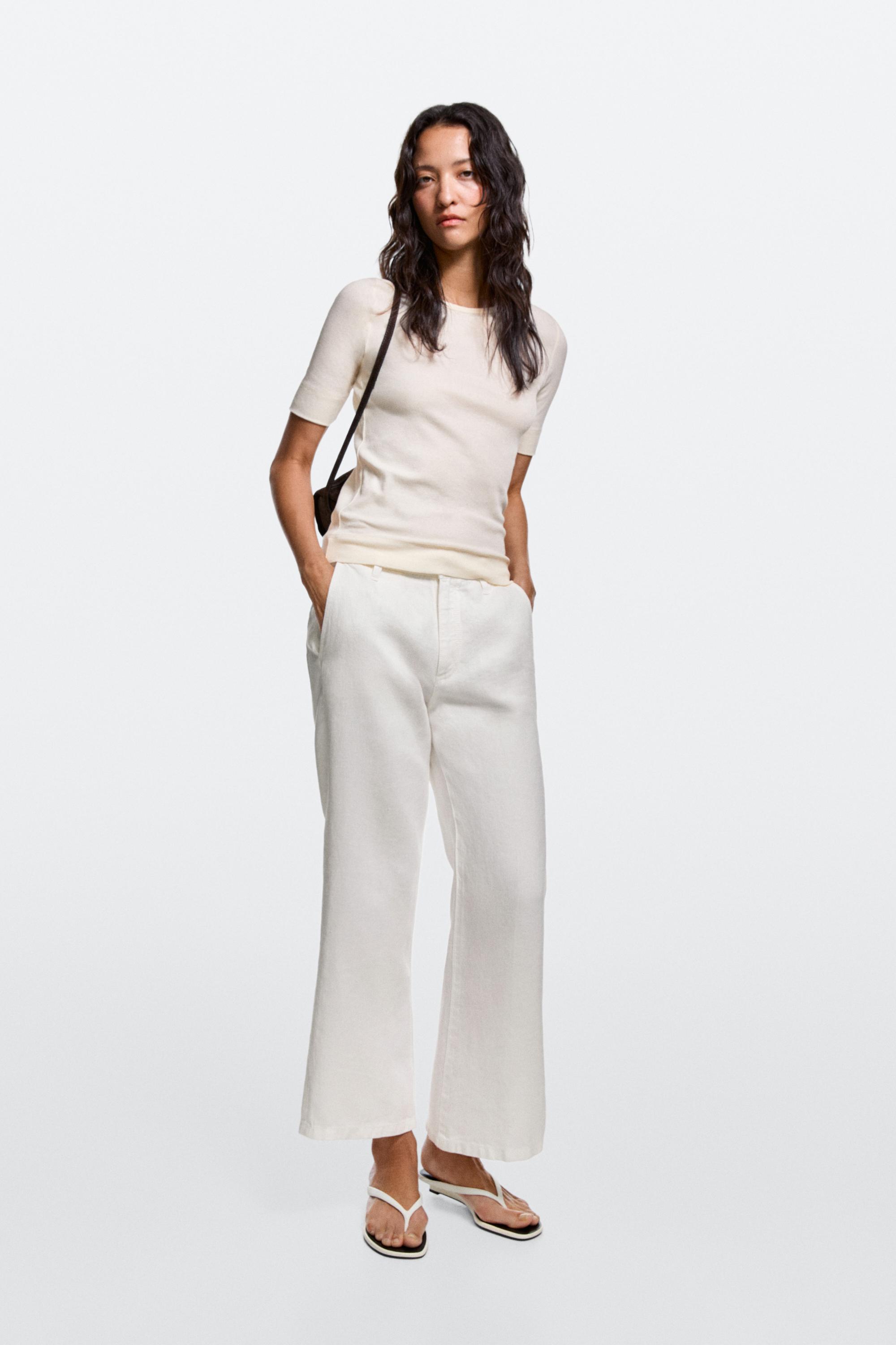 Pantalon flare cropped 100 % lin